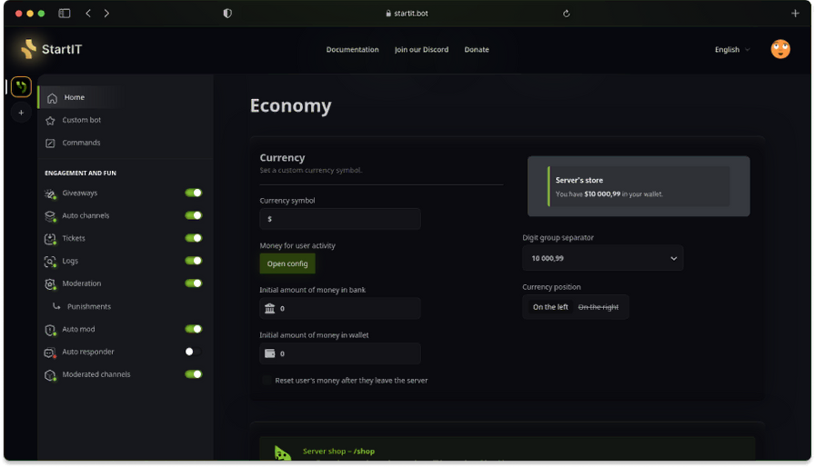 The image shows the StartIT bot dashboard with a dark interface. On the left navbar, several plugins are listed under categories such as Engagement and Fun, including Giveaways, Auto Channels, Tickets, Logs, Moderation, Auto Mod, Auto Responder, and Moderated Channels. The main panel displays the Economy page, where the user can configure a custom currency symbol, default money amounts in the bank and wallet, and formatting options like digit separators and currency position.