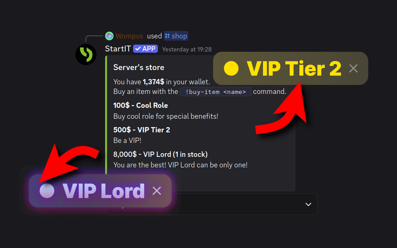Use the bot command /shop to trade virtual currency for Discord roles